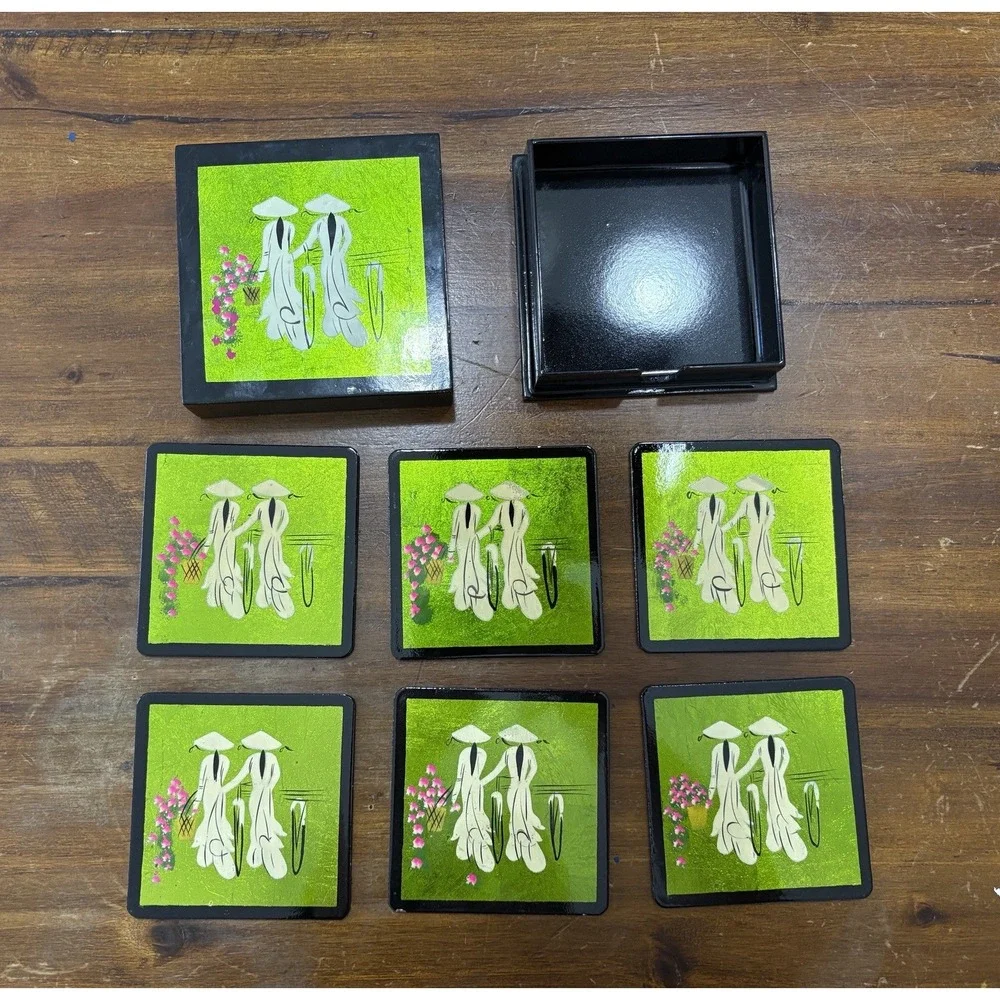 Vintage Asian Lacquer Coaster Set of 6 MCM Green Figurative Boxed Retro Decor